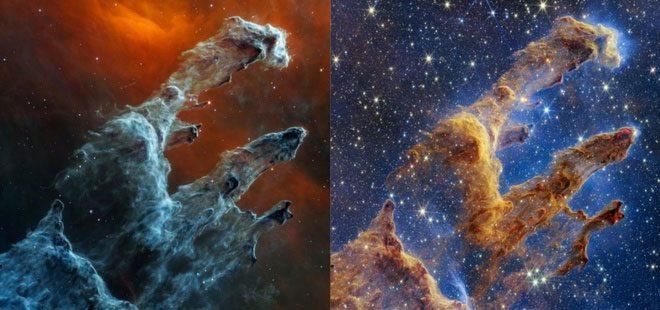  "Pillars of Creation" captured by the MIRI camera (left) and NIRCam of James Webb. 