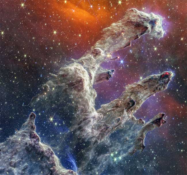 Latest image of the "Pillars of Creation" captured by the James Webb Space Telescope.