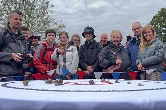 Fans watching the race called "World Snail Racing Championship"