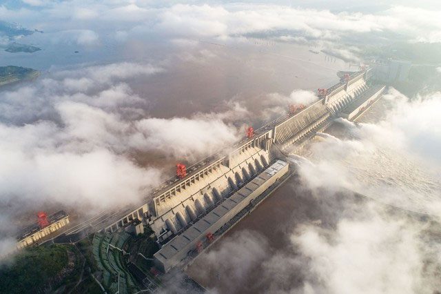 An aerial photo taken on July 27, 2020, showing floodwaters being released from the Three Gorges Dam