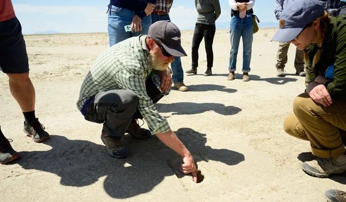 Mysterious footprints found in the white sand desert.