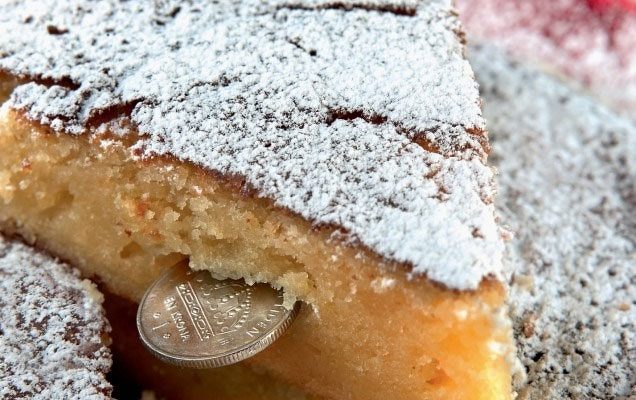 Some cultures have the tradition of hiding a piece of jewelry or coin in a cake, and whoever finds it will have good luck in the new year. In Greece, people often make vasilopita with a coin inside. The cake is cut on New Year's Eve or served as dessert on New Year's Day.