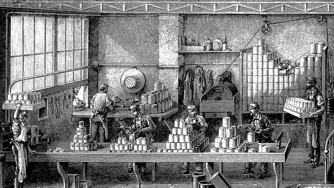 Workers sealing and canning food in France in 1870.