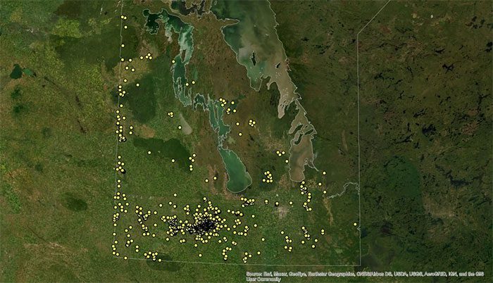 Each yellow dot on this map represents a new wild pig sighting