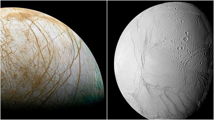 Europa (left) and Enceladus both have icy outer shells