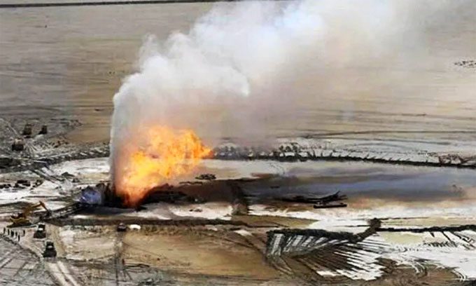 Burning well at the Karaturun Vostochny field, Kazakhstan, 2023.