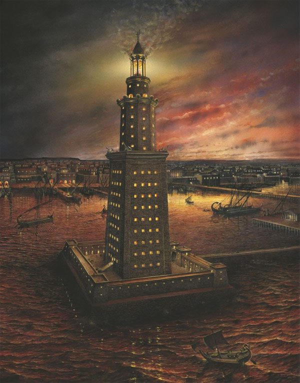 At the top of the Lighthouse of Alexandria was a famous statue of Poseidon from Greek mythology made of bronze and holding a 7-meter trident