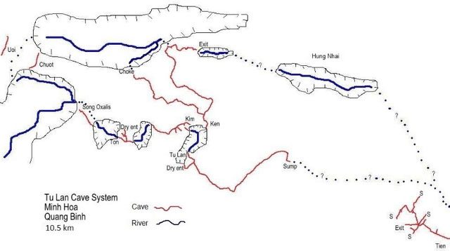 The cave system with rivers inside the caves at Tu Lan