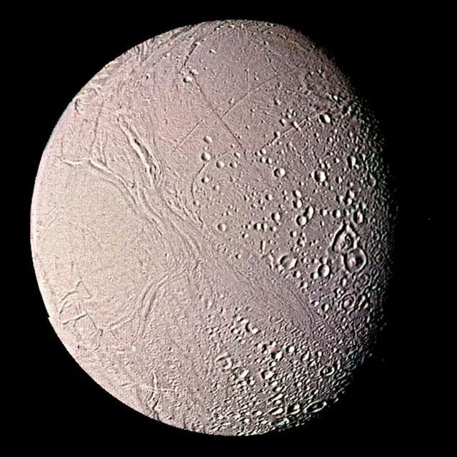 Enceladus, one of Saturn's moons, seen by Voyager.