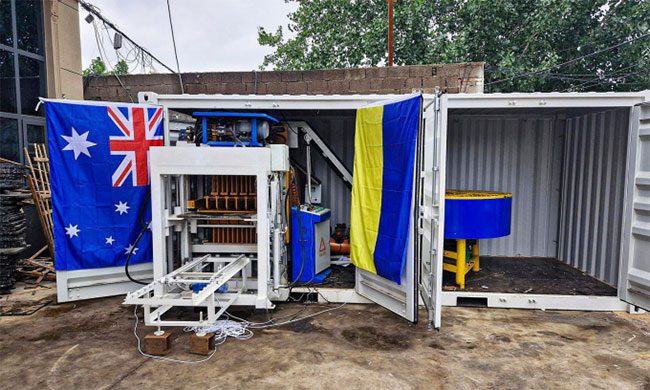 The mobile brick factory is compact and fits into a standard container.