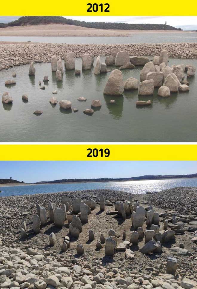 Drought has revealed a submerged stone grave in a reservoir.