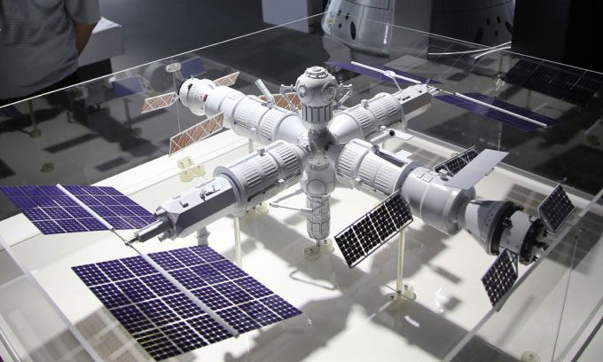 Model of the new Russian space station displayed in 2022 in the suburbs of Moscow, Russia.