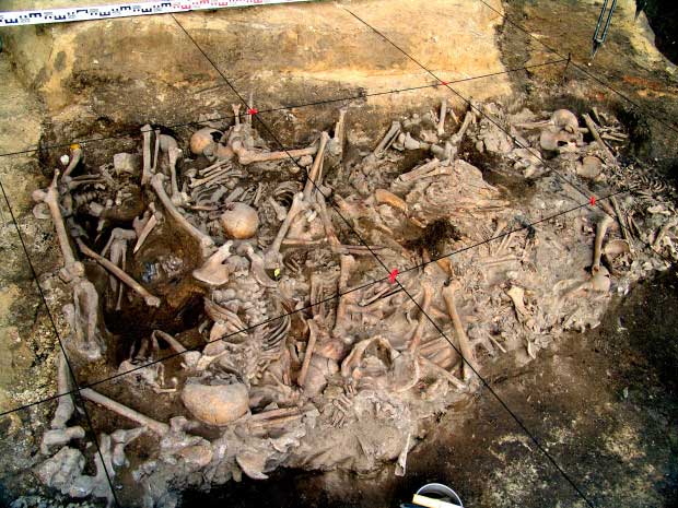 Many skeletons piled on top of each other in the mass grave.