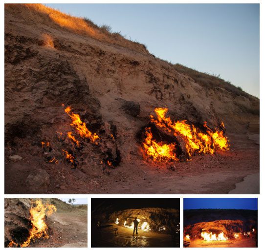 The fire known as Yanar Dag, meaning "the burning mountain."