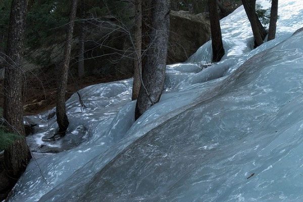 A miraculous scene occurs when river water floods into the forest and freezes.