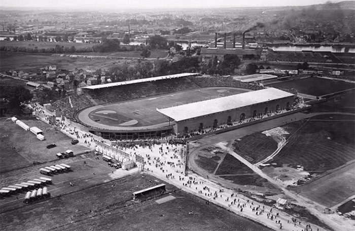 Olympic Stadium Colombes viewed from above, located near the Seine River.