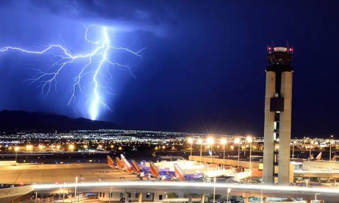 Lightning strikes near McCarran International Airport in Nevada.