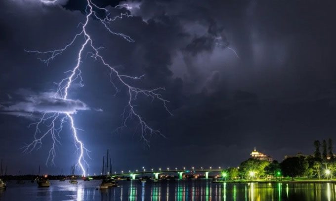 Lightning strikes in Sarasota Bay, Florida.