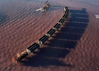 super realistic landscape train moving on pink water in russia 135532