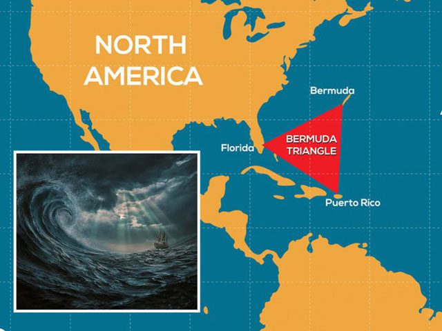 Map of the Bermuda Triangle with an image of a ship in a storm