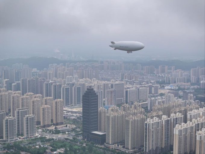 AS700 airship conducts a low-altitude test flight in Jingmen City, Hubei Province on August 1.