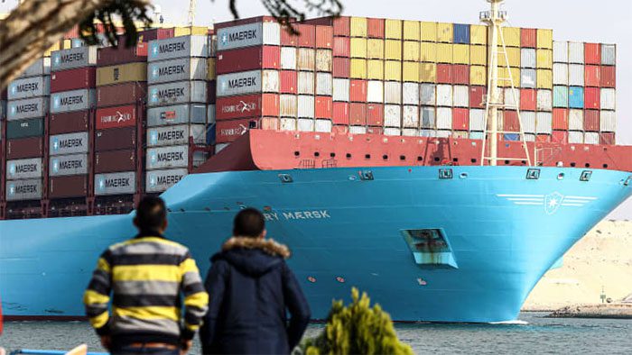 Cargo ship passing through the Suez Canal in Ismailia, Egypt on January 13.