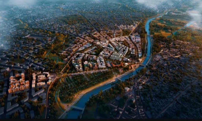 Rendering of the revitalized city of Antakya with a riverside view at the center.