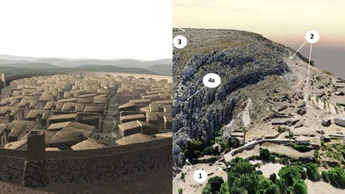 The mysterious ancient city recently uncovered in Spain, depicted in a reconstruction (left) and actual images