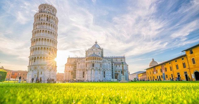 The Leaning Tower of Pisa in Italy with a lean of about 3.99 degrees.