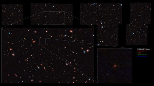 The most ancient galaxy Massie is the red dot enlarged in the square frame beside