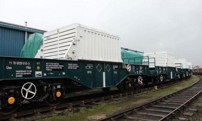 Nuclear cask (painted white) on a freight car, ready for transport