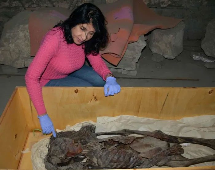 Dr. Sahar Saleem studies the "screaming woman" mummy.