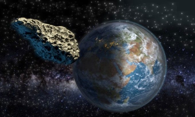 Simulation of an asteroid approaching Earth.