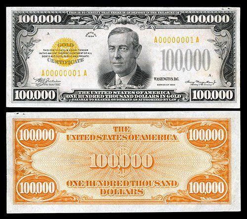 Front and back of the 100,000 USD bill.