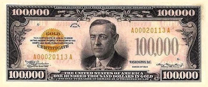 The 100,000 USD bill, the highest denomination in the US.