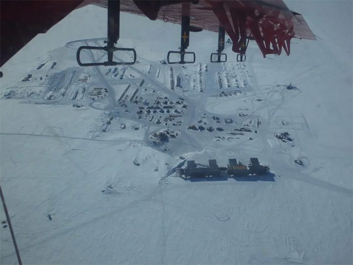 British Antarctic Survey's Twin Otter aircraft flying over the Antarctic Station