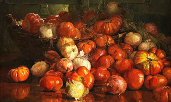 Still life painting of tomatoes and onions by artist Catherine M. Wood.