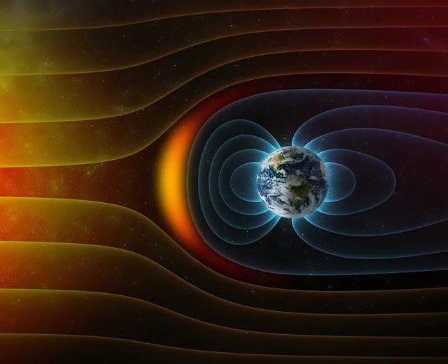 The Earth's magnetic field (in blue) acts as a shield against solar wind