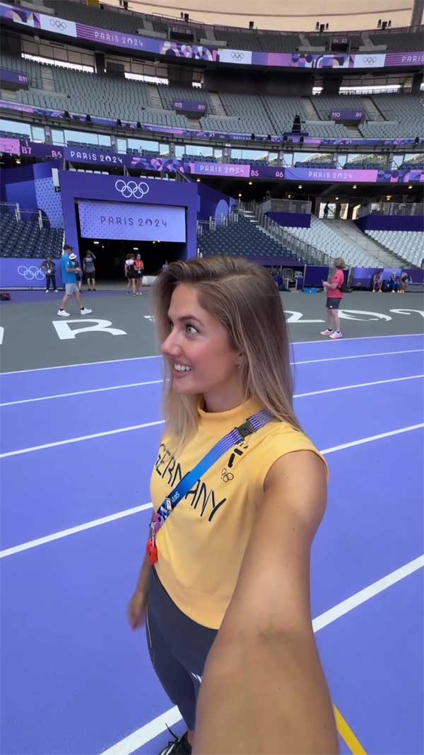 Alica Schmidt showing surprise at the Olympic track.