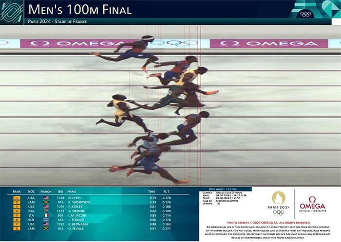 Official image from Omega showing Noah Lyles' torso crossing the finish line 0.005 seconds ahead of Thompson.