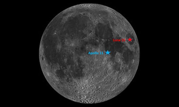 Landing sites of Apollo 11 and Luna 15 on the Moon.