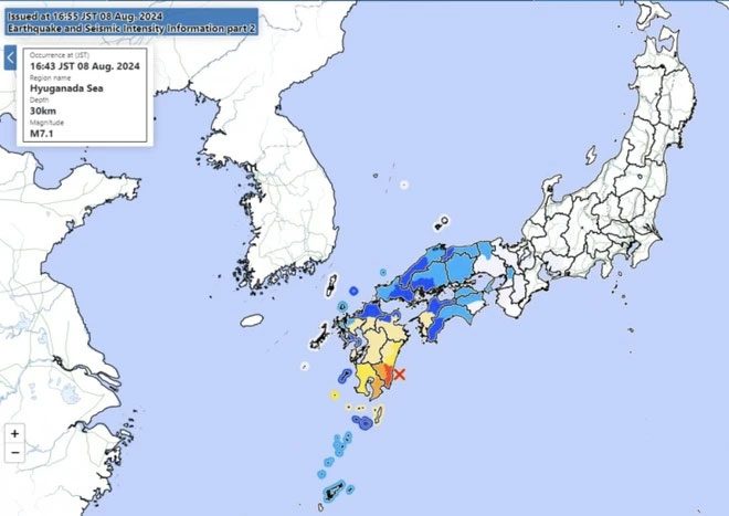 The earthquake's epicenter offshore the eastern coast of Kyushu.