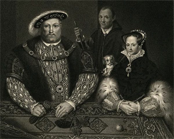 Engraving of King Henry VIII, Queen Mary I, and jester William Sommers.