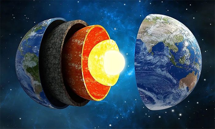 The transition zone between the upper (brown) and lower (orange) mantle of the Earth