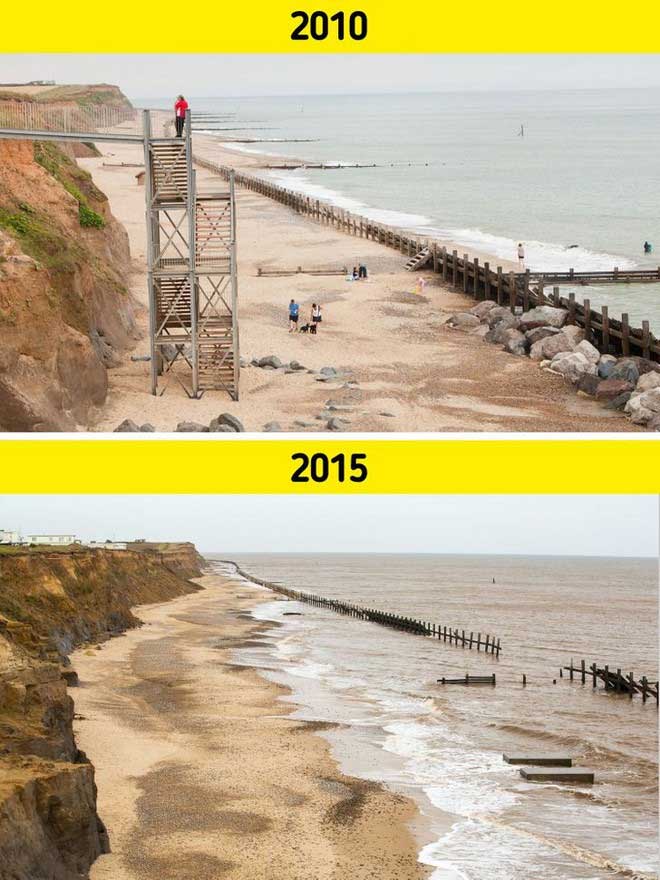 Coastal erosion is occurring faster in some areas and is becoming a danger.