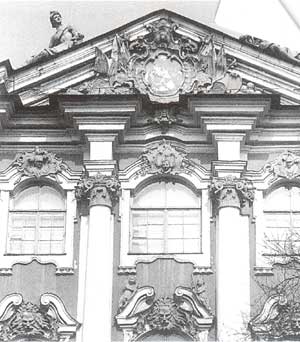 Rich Baroque decoration on the western facade, featuring decorative motifs.