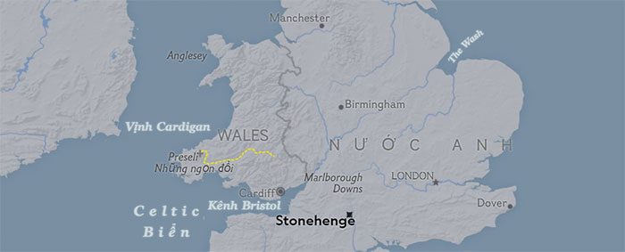 The location of the Stonehenge megalith on the map of England.