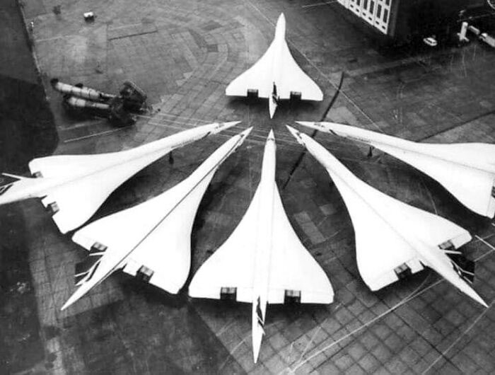 A fleet of Concorde aircraft at London Heathrow Airport in 1986.