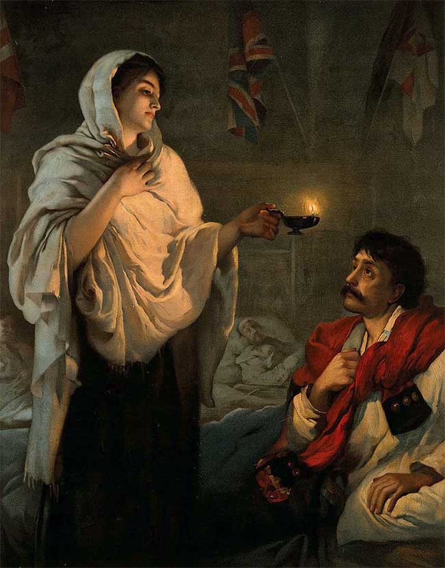 A replica of the painting "Lady with the Lamp" by Henrietta Rae, 1891.