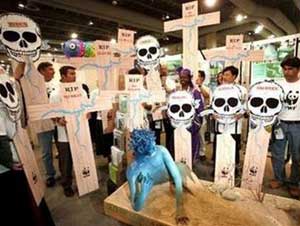 World Wildlife Fund staff holding a banner with the names of endangered rivers